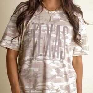 NEW Texas State Camo Graphic Tee Neutral Beige Oversized Casual Cotton Small XL